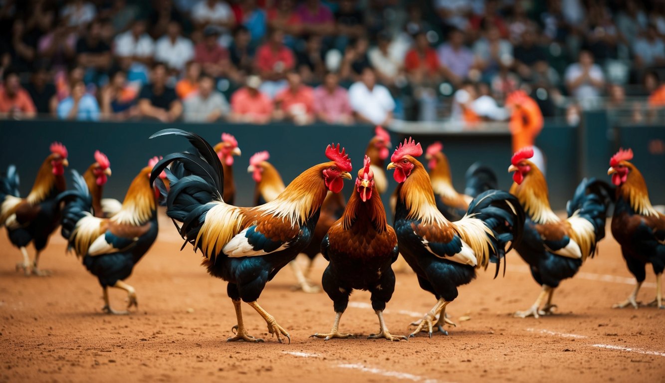 Sebuah arena yang ramai dengan ayam jantan yang terlibat dalam pertarungan ayam secara langsung