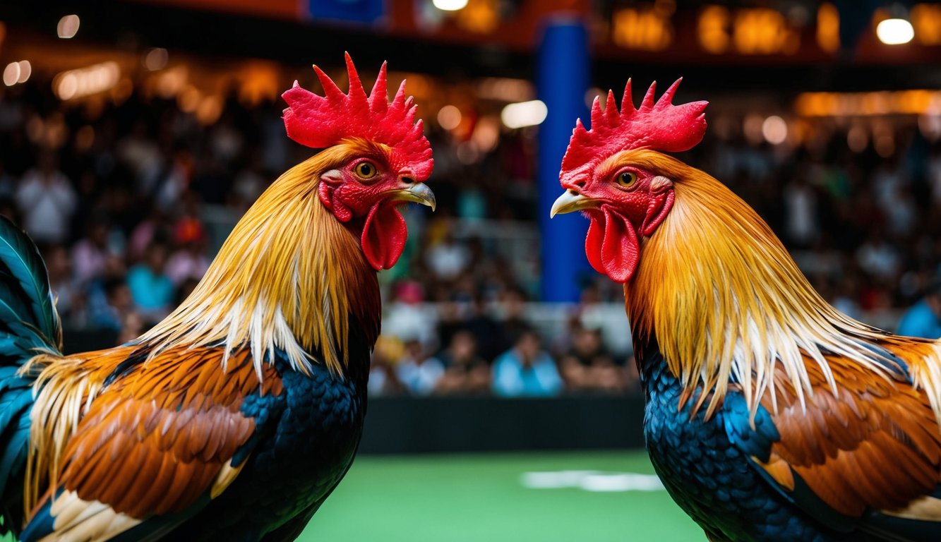 Dua ayam jantan berhadapan di arena sabung ayam online yang ramai dan berwarna-warni. Suasana tegang saat para penonton dengan antusias menyaksikan pertarungan yang sengit.