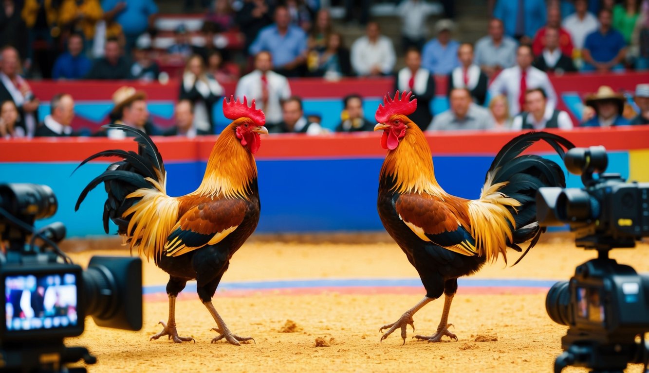 Sebuah arena yang berwarna-warni dan hidup dengan dua ayam jantan yang terlibat dalam pertarungan sengit, dikelilingi oleh penonton yang bersorak dan kamera siaran langsung.