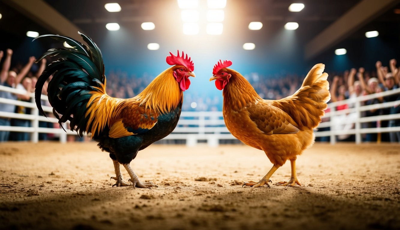 Seekor ayam jantan dan seekor ayam betina berhadapan di arena yang terang benderang, dikelilingi oleh kerumunan penonton yang bersorak-sorai.