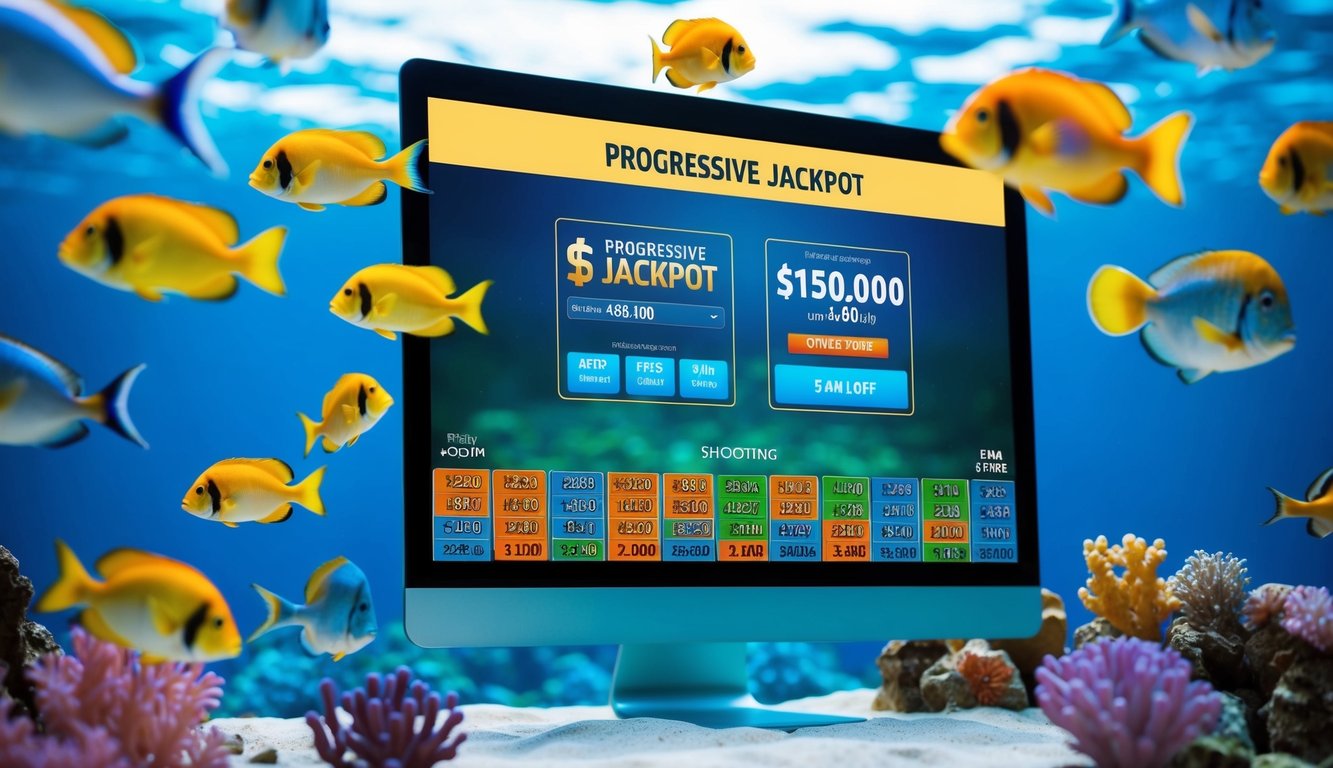 Sebuah dunia bawah air yang hidup dengan ikan berwarna-warni dan antarmuka digital yang menampilkan jackpot progresif untuk platform tembak-menembak online