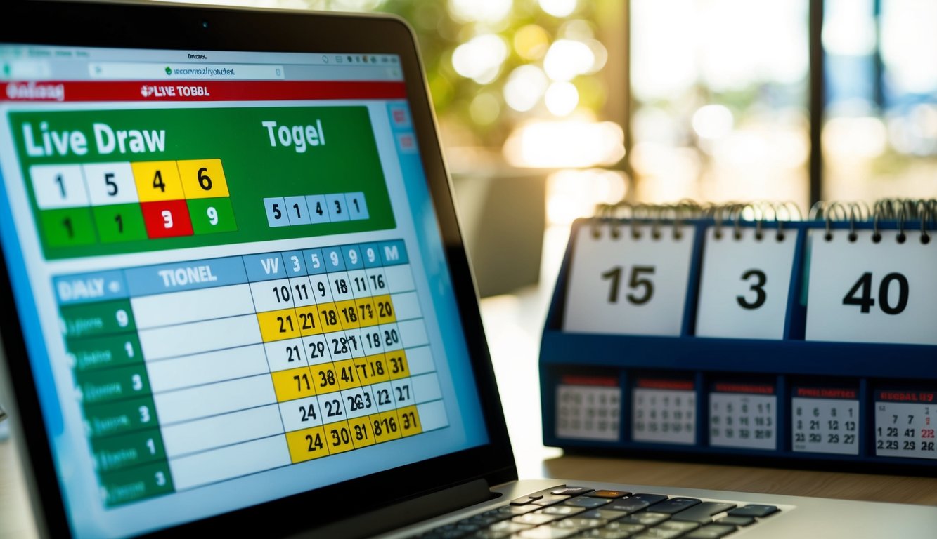 Sebuah layar digital yang menampilkan nomor undian langsung di situs web untuk togel online, dengan kalender yang menunjukkan pembaruan harian