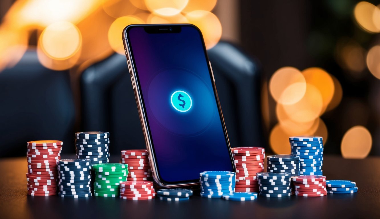 Sebuah smartphone dengan layar yang bercahaya, dikelilingi oleh tumpukan chip poker dan tombol deposit yang berdenyut.