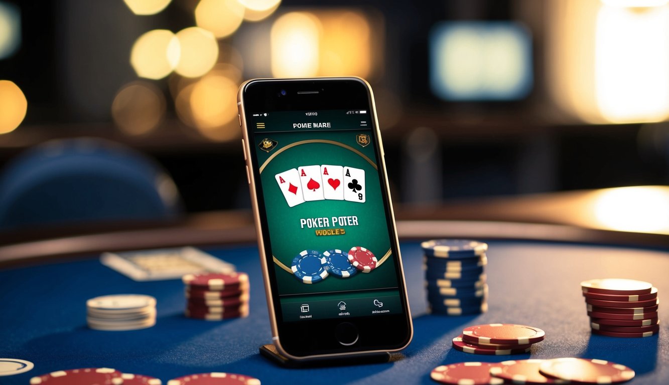 Sebuah smartphone menampilkan aplikasi permainan poker, dengan chip dan kartu di atas meja