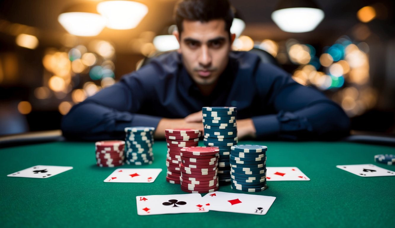 Sekumpulan chip poker dan kartu bermain tersebar di atas meja felt hijau dengan ekspresi wajah pemain yang percaya diri dan tanpa emosi di latar belakang