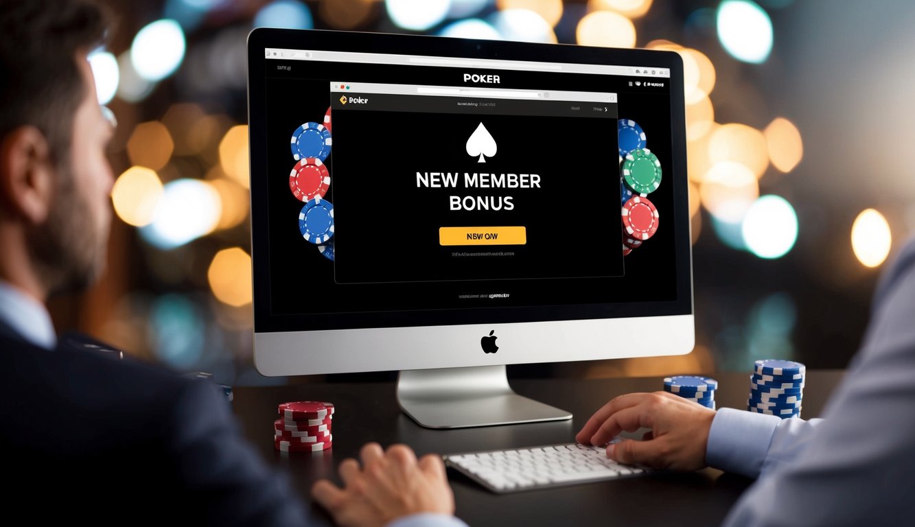 Sebuah layar komputer menampilkan situs web poker dengan tawaran "Bonus Anggota Baru", dikelilingi oleh chip poker dan kartu virtual