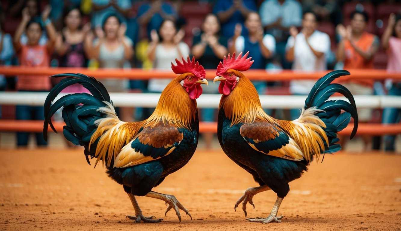 Sebuah arena sabung ayam yang meriah dengan penonton yang bersorak dan dua ayam jantan yang garang terkunci dalam pertempuran