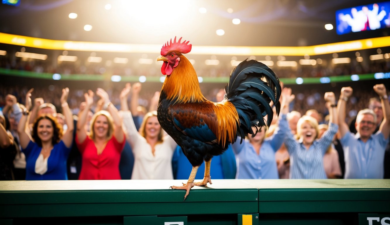 Seekor ayam jantan berdiri dengan bangga di arena yang terang benderang, dikelilingi oleh kerumunan penonton yang bersorak-sorai.