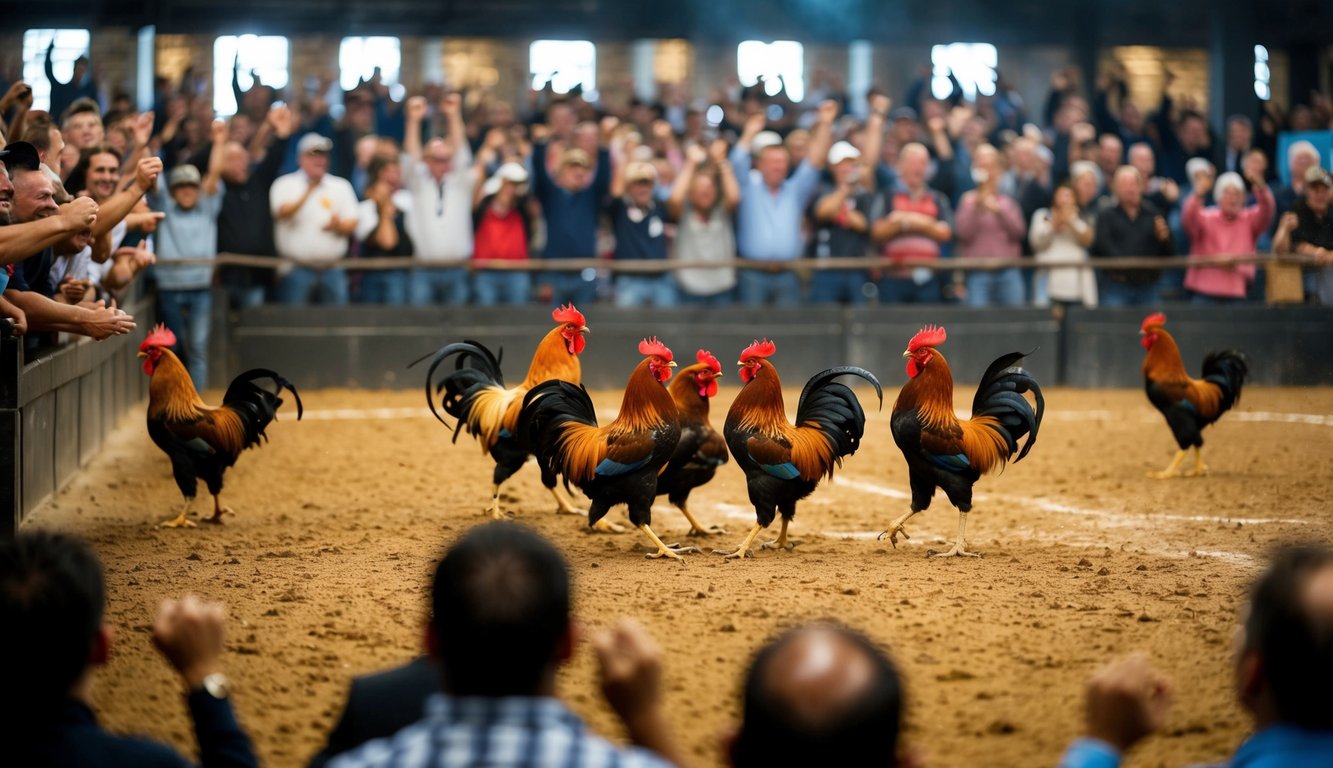 Sebuah arena yang ramai dengan ayam jantan yang bertarung, dikelilingi oleh penonton yang antusias bersorak untuk burung favorit mereka