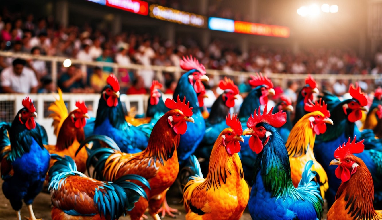 Sebuah arena yang ramai dengan ayam jantan berwarna-warni dan penonton yang bersemangat, mengakses tautan sabung ayam terbaru dengan cepat dan mudah