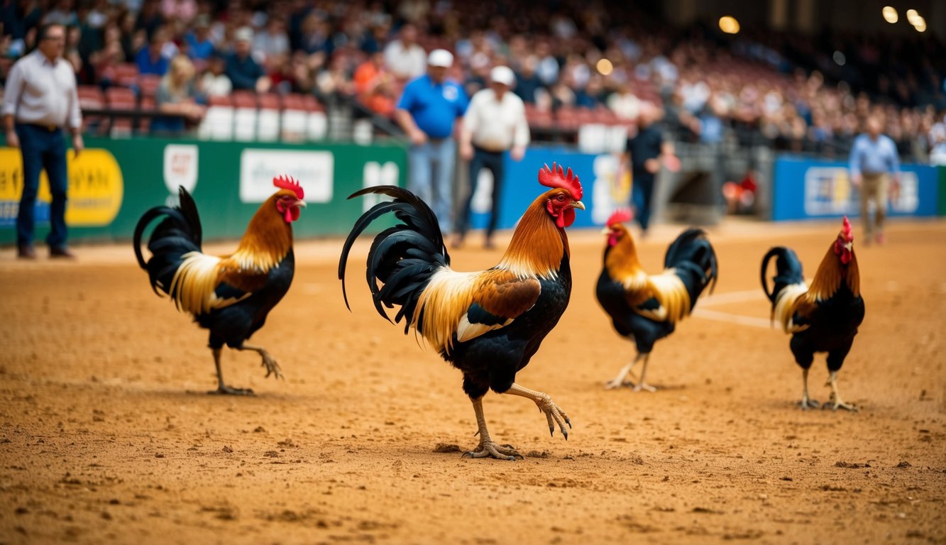 Sebuah arena yang ramai dengan ayam jantan berwarna-warni yang sedang beraksi, dikelilingi oleh penonton yang antusias dan pintu masuk yang mudah diakses