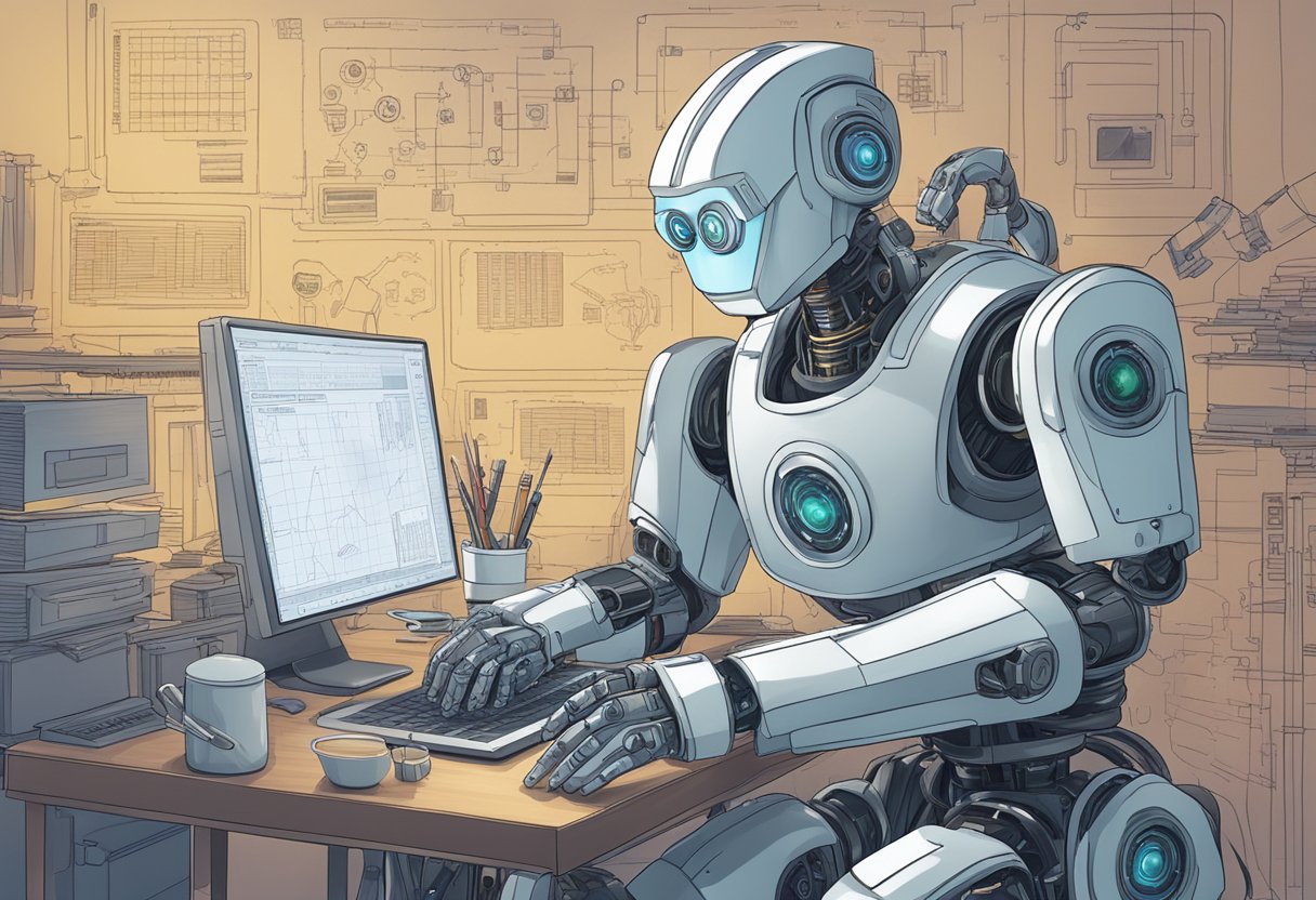 A robot analyzing complex data, surrounded by various information sources and processing algorithms