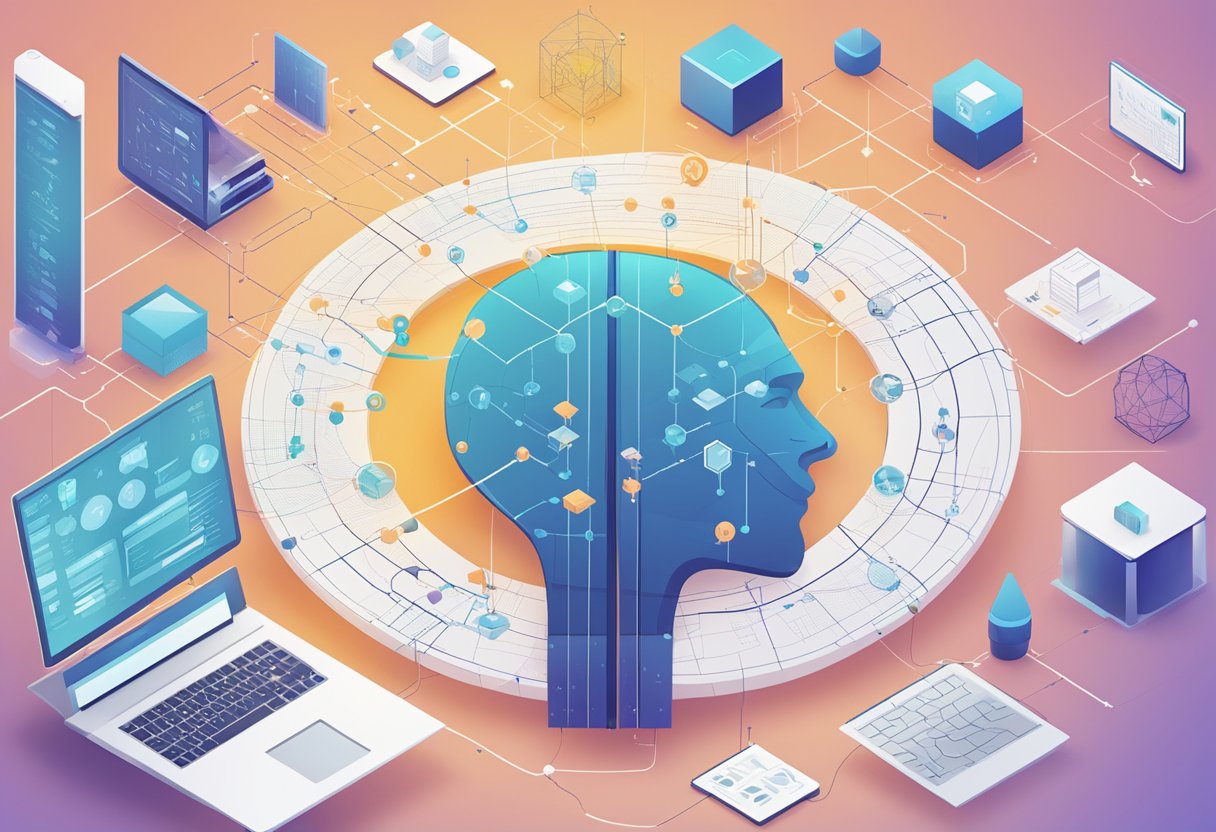 An AI system analyzing complex data sets, surrounded by various symbols and diagrams representing critical thinking processes