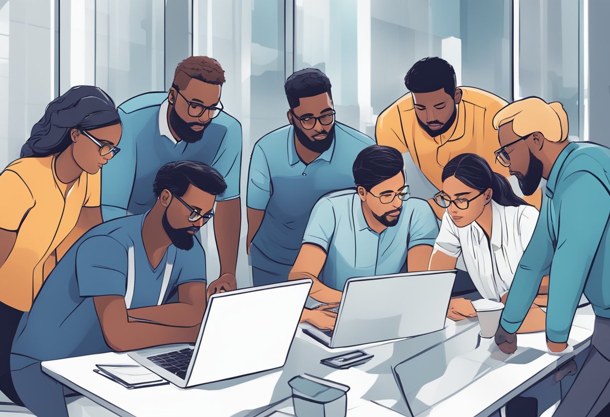 A group of diverse professionals collaborating on a project, with AI technology assisting in critical thinking and problem-solving