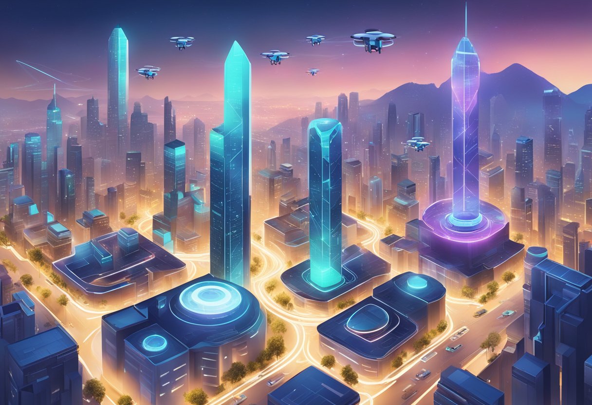 A futuristic cityscape with AI-powered drones analyzing data and solving complex problems