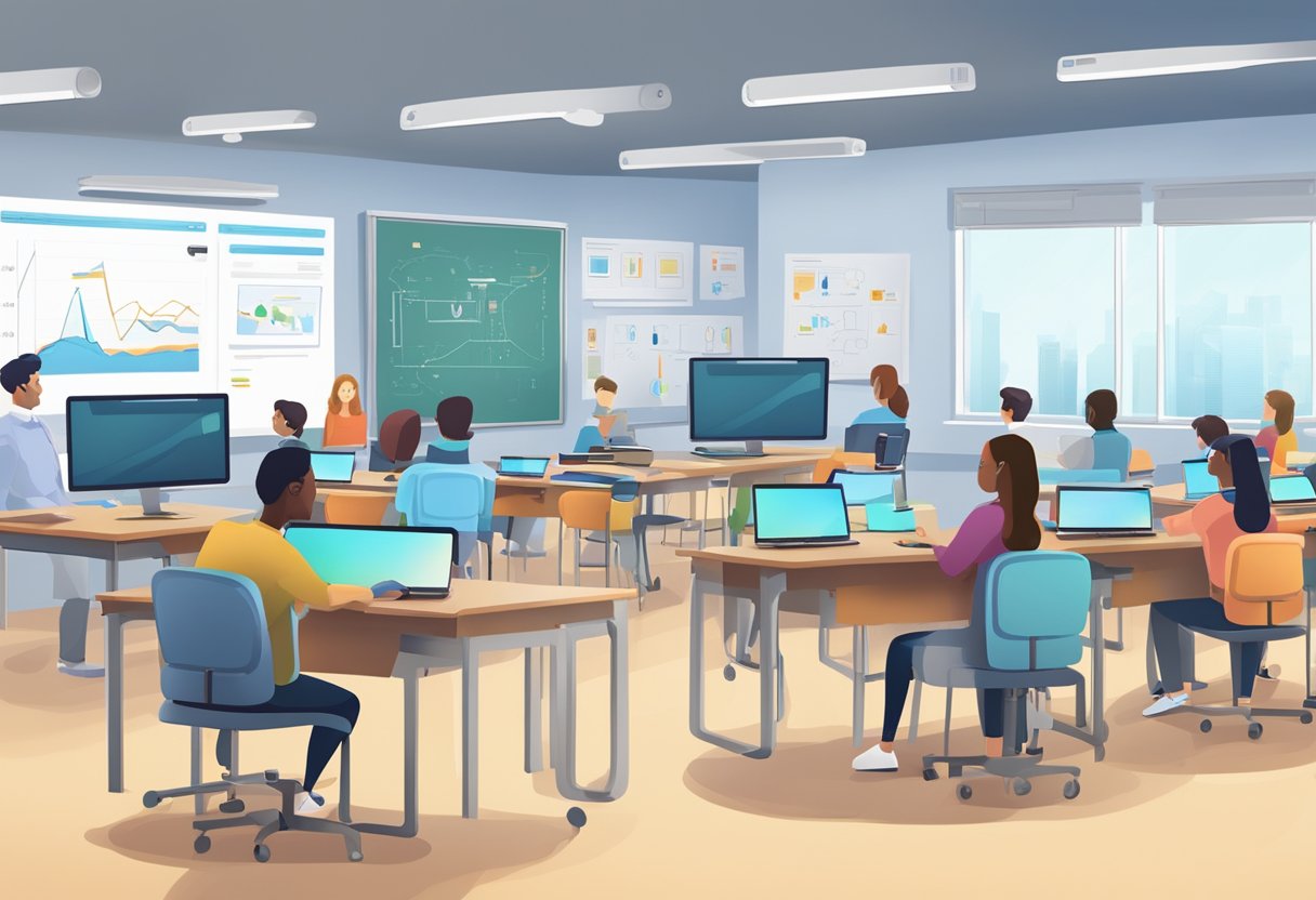 A classroom with AI technology aiding in education, including computers, tablets, and interactive whiteboards
