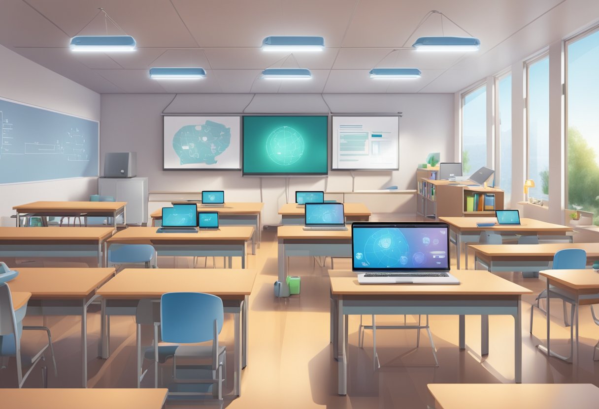 A classroom setting with AI devices and educational materials, emphasizing the integration of technology and ethical principles in education
