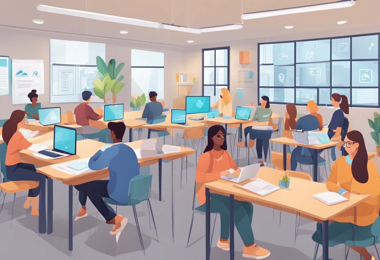 A classroom setting with students engaged in interactive learning activities related to AI education and career development