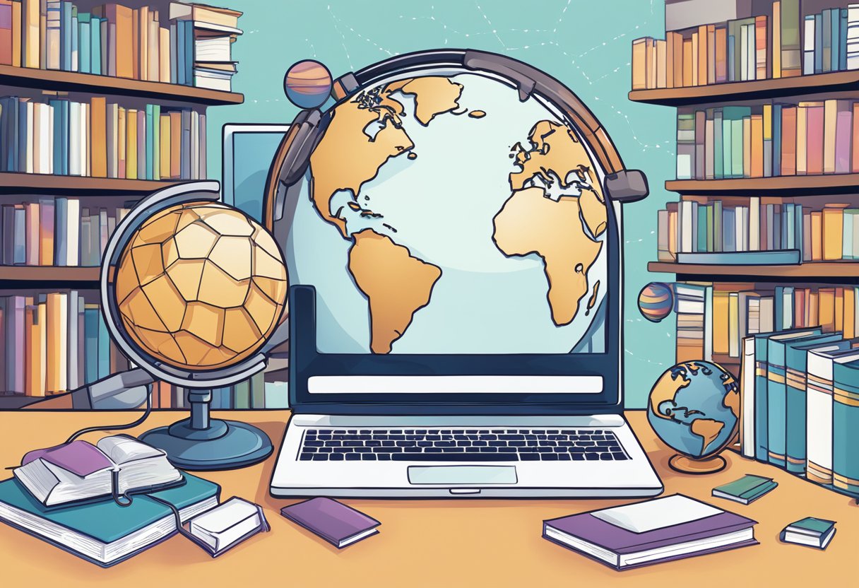 An open laptop displaying AI education platforms, surrounded by books and a globe