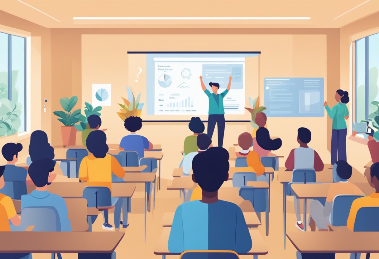 A classroom with students raising hands, a teacher at the front, and a screen displaying "Frequently Asked Questions ai in education basics."