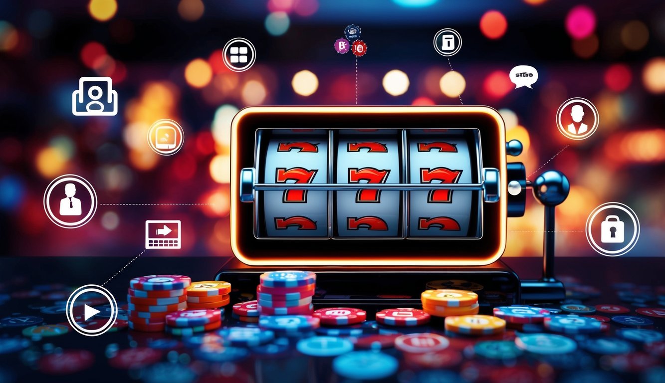 Sebuah mesin slot online yang cerah dikelilingi oleh ikon layanan pelanggan 24 jam