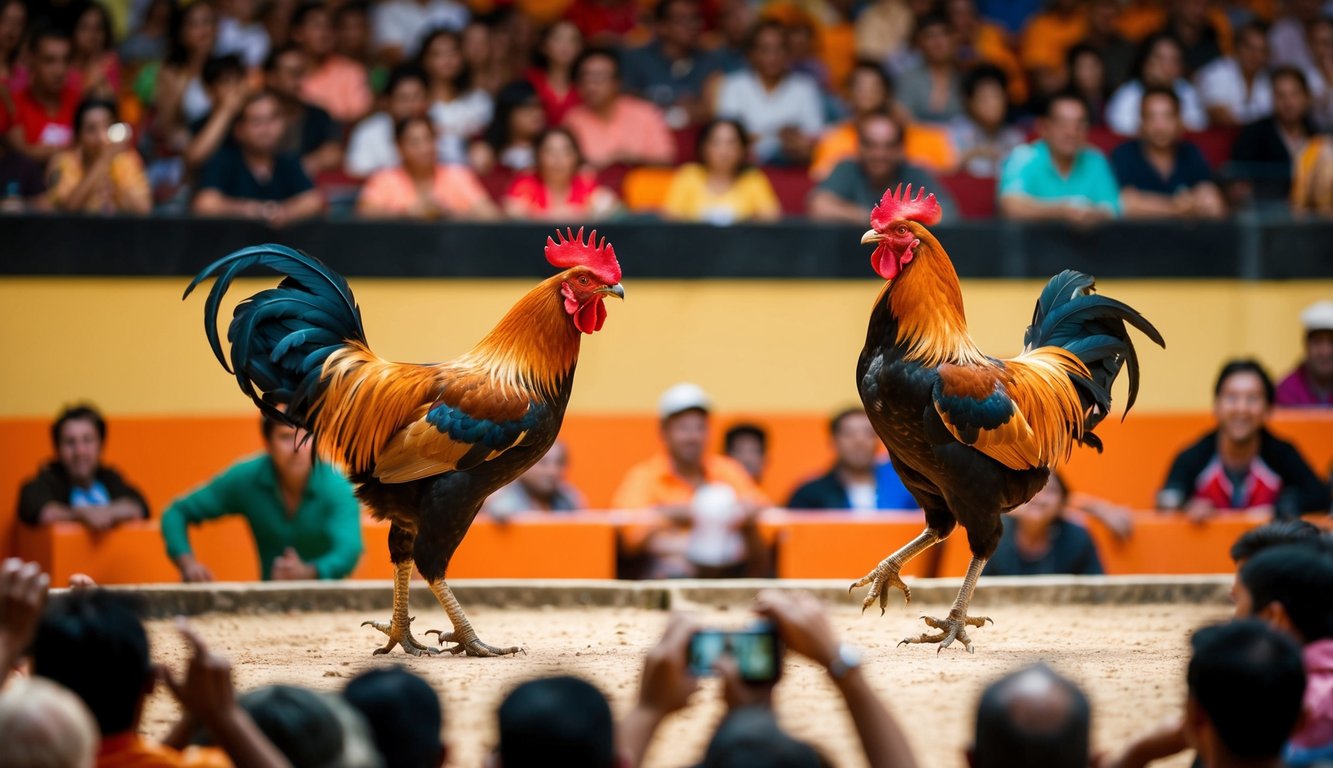 Sebuah arena yang ramai dengan dua ayam jantan yang berhadapan dalam pertarungan ayam yang sengit, dikelilingi oleh penonton yang hidup dan antusias.