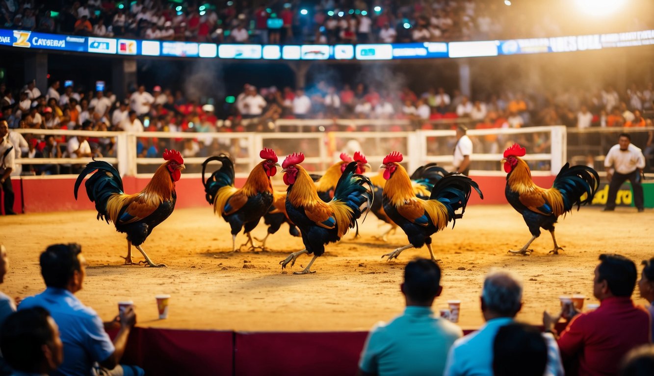 Sebuah arena yang hidup dan ramai dengan ayam jantan berwarna-warni yang terlibat dalam pertandingan sabung ayam yang cepat dan intens. Penonton bersorak dan memasang taruhan, menciptakan suasana yang energik.