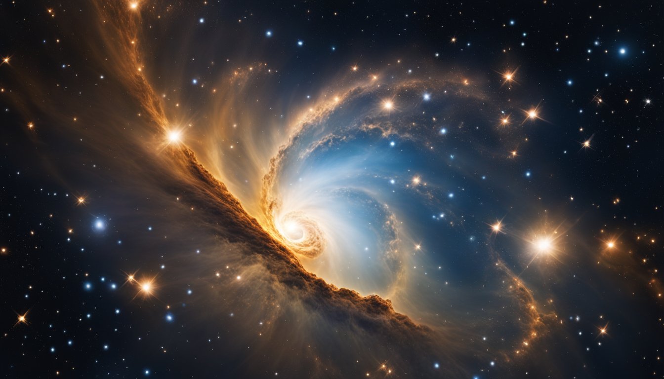 A swirling nebula of gas and dust, with bright young stars forming at its core and older stars burning brightly before fading into white dwarfs or exploding as supernovas