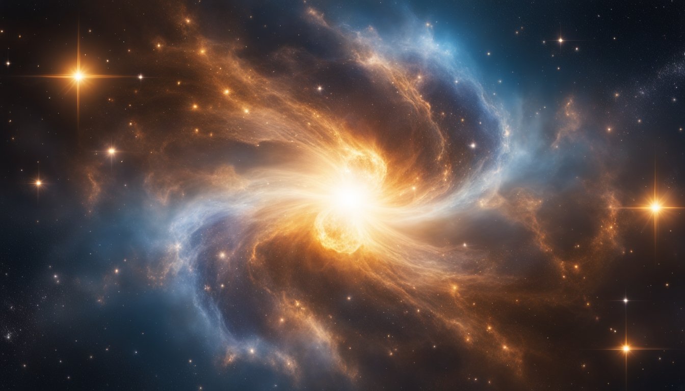 A swirling nebula of gas and dust condenses into a bright, young star, surrounded by glowing clouds of stellar material