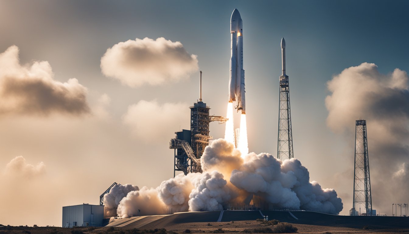 A SpaceX rocket launching into space from a futuristic, high-tech launch pad