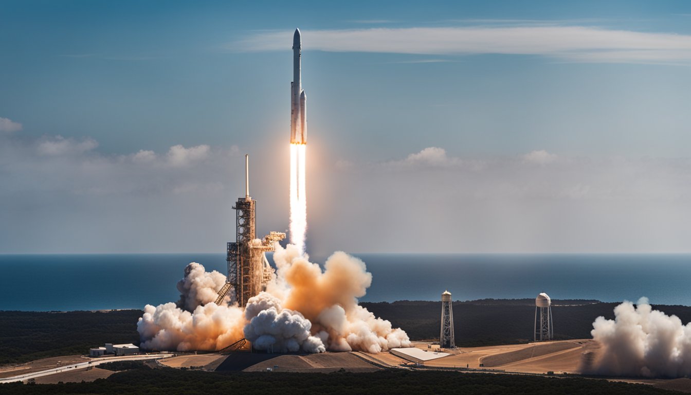 SpaceX rockets launching from a pad, with a bright plume of fire and smoke trailing behind as they ascend into the sky