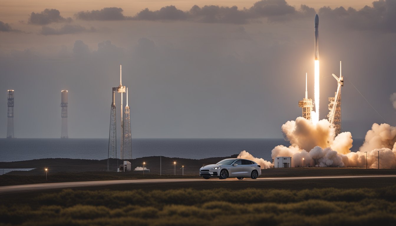 A SpaceX rocket launching from a launch pad with other vehicles nearby