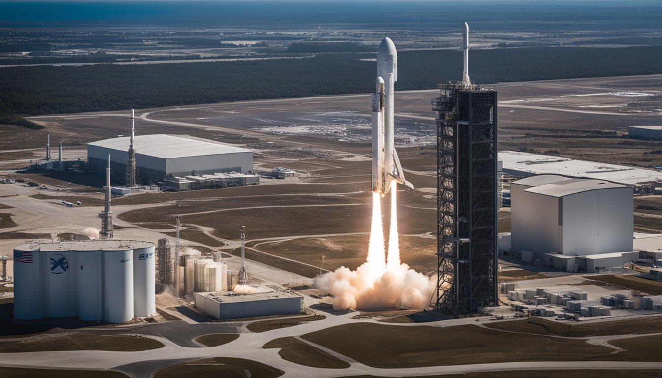 The SpaceX launch site features towering rocket assembly buildings, sleek launch pads, and futuristic control centers nestled among sprawling industrial facilities