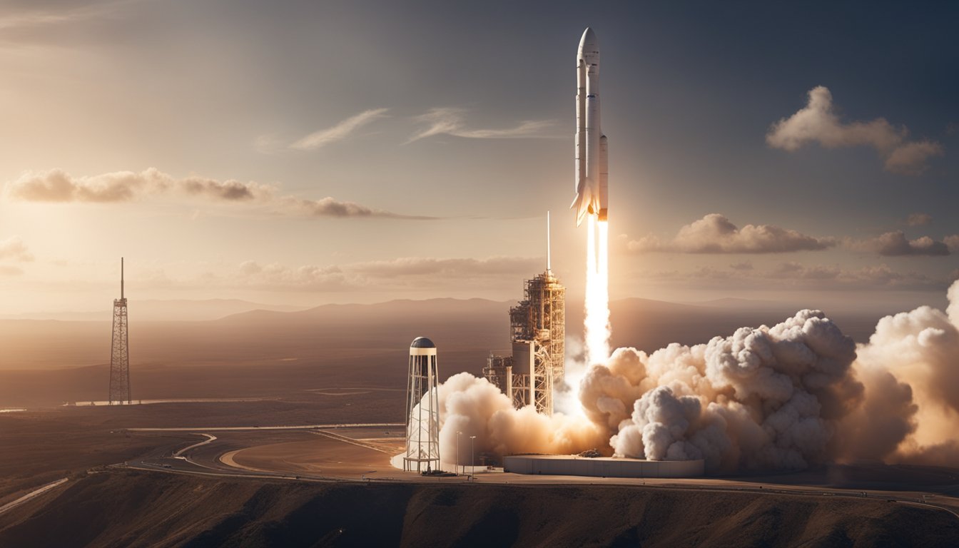 A SpaceX rocket launching from a futuristic spaceport, with Earth in the background and a sense of awe and excitement in the air