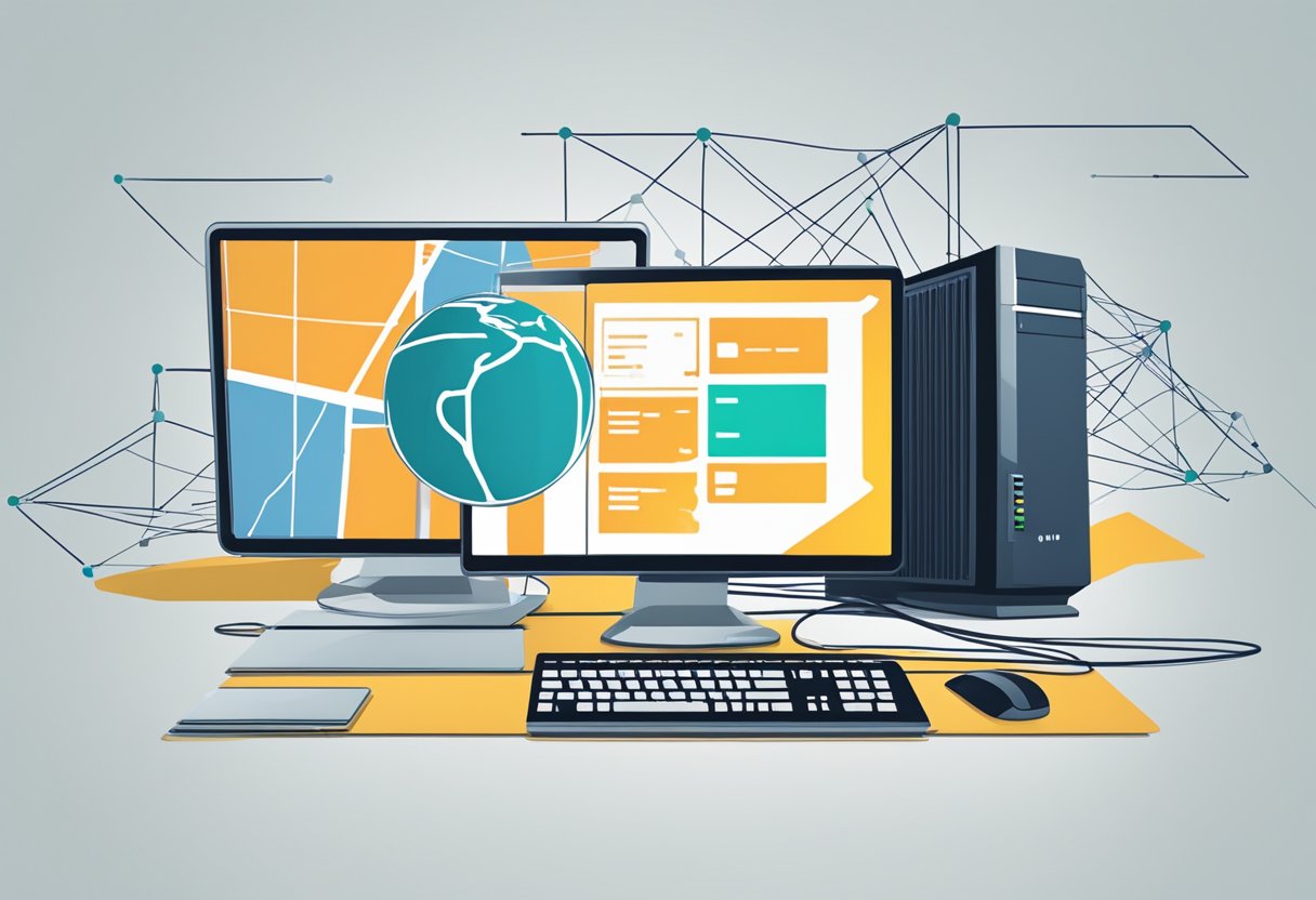 Un ordinateur avec un globe coupé en deux, un côté étiqueté "nom de domaine" et l'autre "hébergement", connecté par un réseau de lignes.