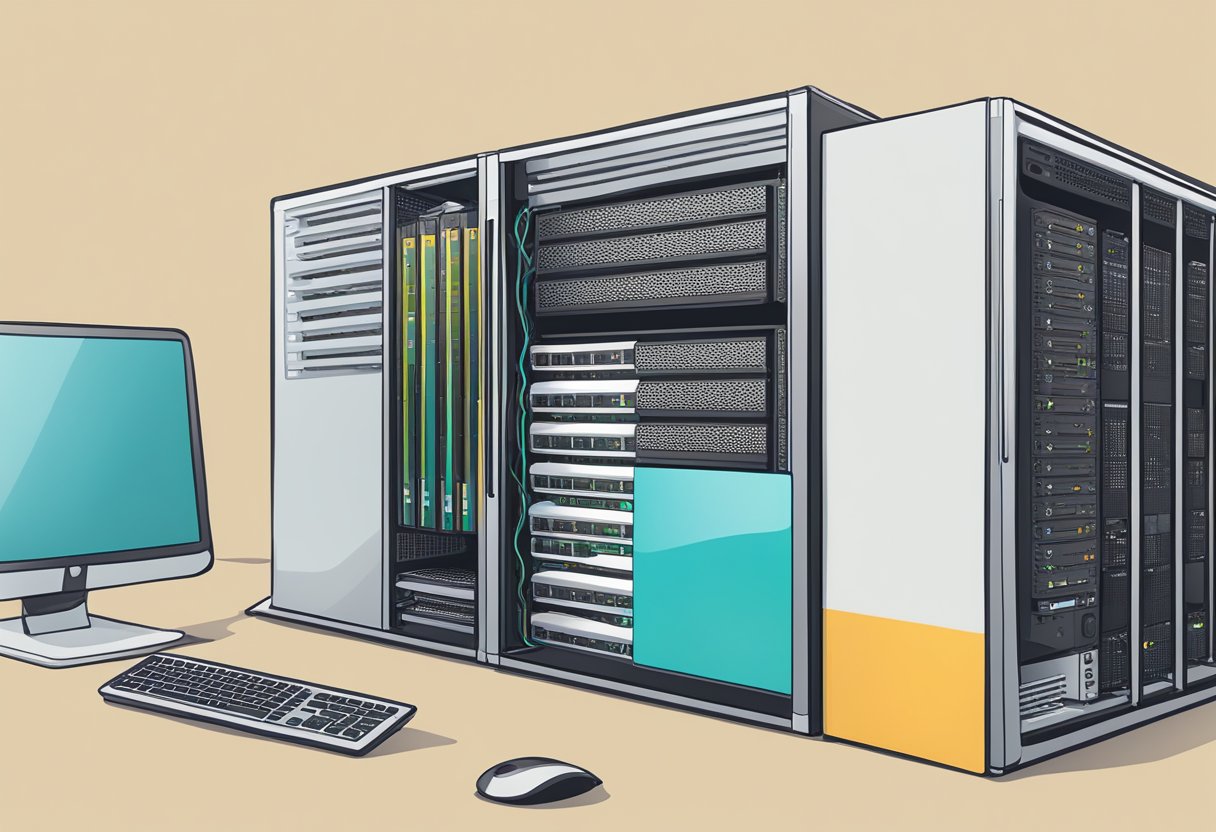 Un écran d'ordinateur divisé en deux, un côté affichant un nom de domaine, l'autre montrant un serveur hébergeant des données.