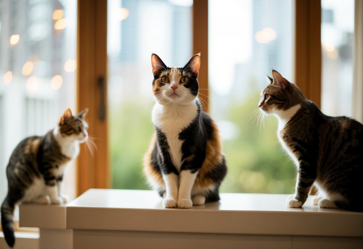 A calico cat sits proudly on a high perch, surveying her domain with a regal air. Other cats defer to her, acknowledging her as the boss