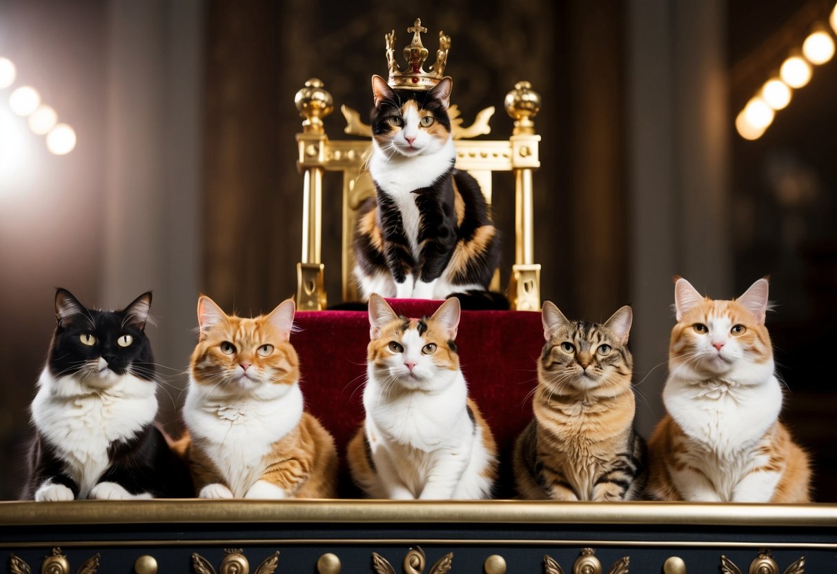 A regal calico cat sits atop a grand throne, surrounded by adoring feline subjects, exuding an air of authority and confidence