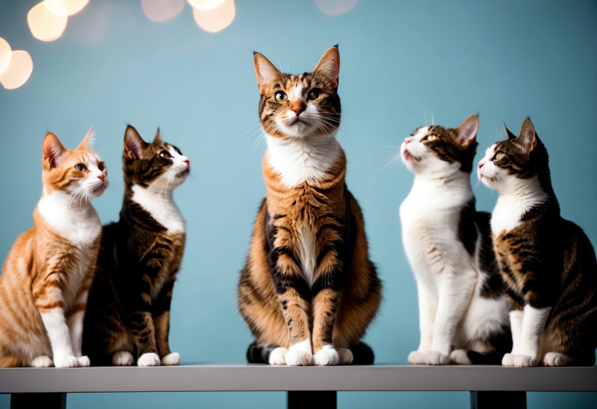 A calico cat sits proudly on a high perch, surrounded by other cats looking up to her. She confidently asserts her dominance through body language and vocalization