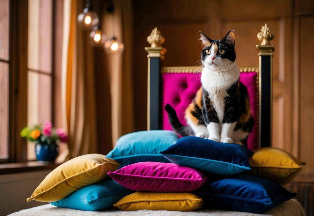 A regal calico cat sits atop a throne of colorful pillows, surveying her kingdom with a confident and commanding gaze