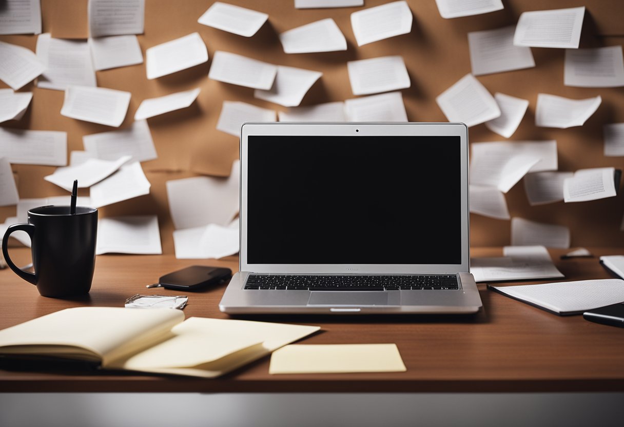 A cluttered desk with scattered papers, a laptop, and a stack of books on writing. A red flag symbol is pinned to a corkboard