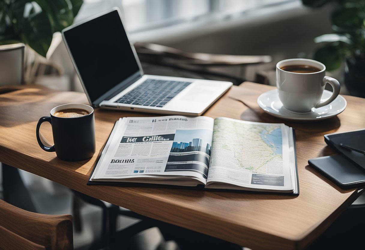 A desk with a laptop, notebook, and pen. A stack of outdoor magazines and a map are spread out. A mug of coffee sits nearby