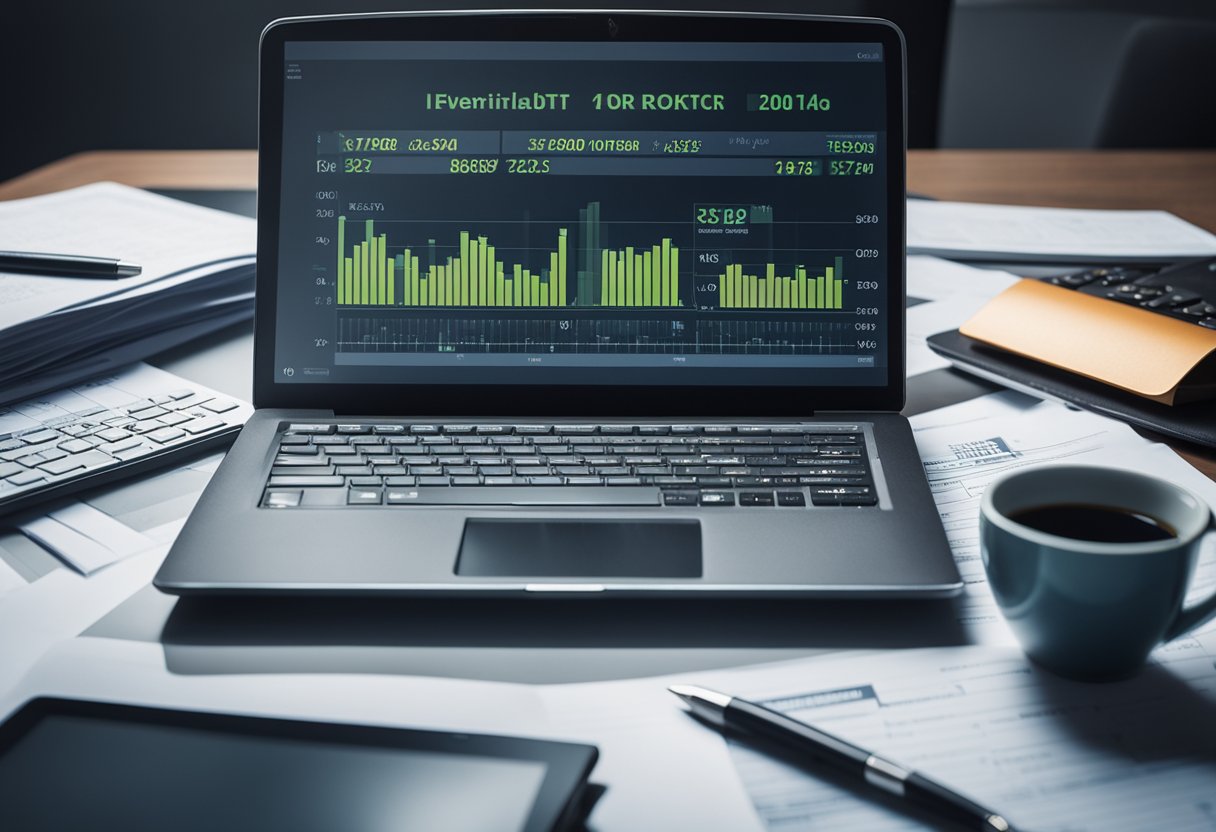 A laptop surrounded by financial documents and a calculator, with a chart showing increasing ROI for freelance writers