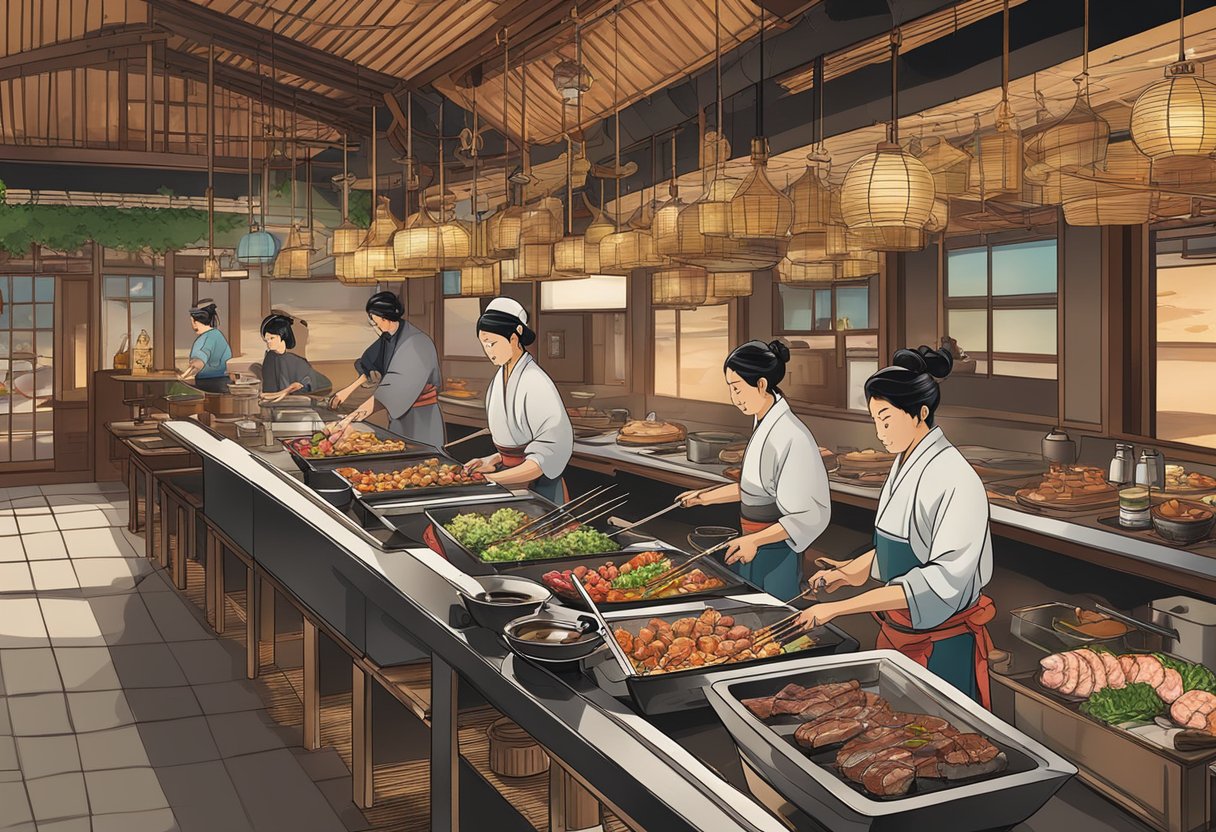 A sizzling hibachi grill with various meats and vegetables being cooked in front of diners. Sake bottles and Japanese decor adorn the restaurant