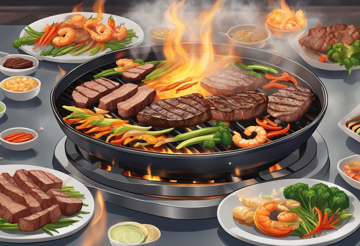 A sizzling teppanyaki grill with various cuts of steak, shrimp, and vegetables cooking as flames dance around the hot metal surface