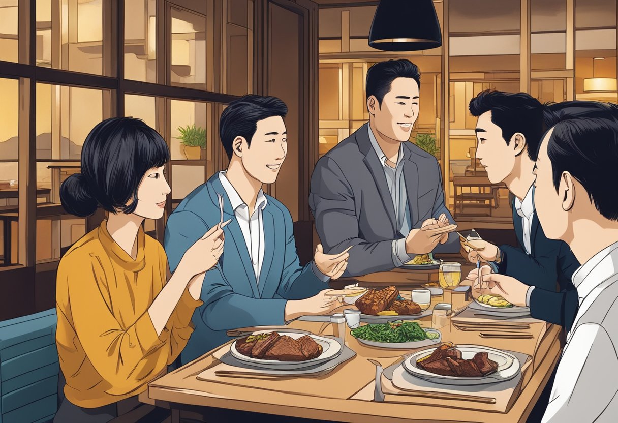 Customers dining at a Tokyo steakhouse, asking questions to staff