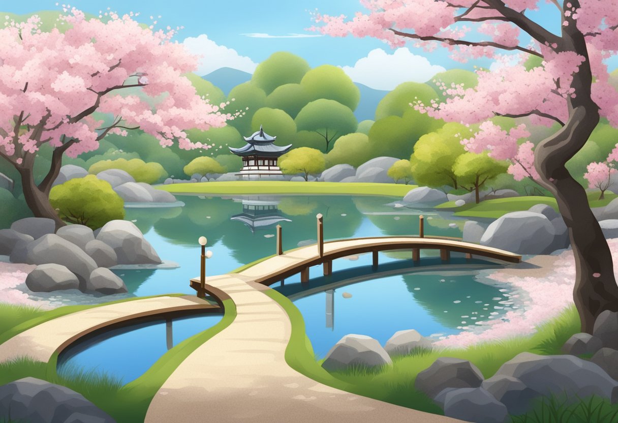 A serene Japanese garden with carefully raked gravel, a tranquil pond, and graceful cherry blossom trees