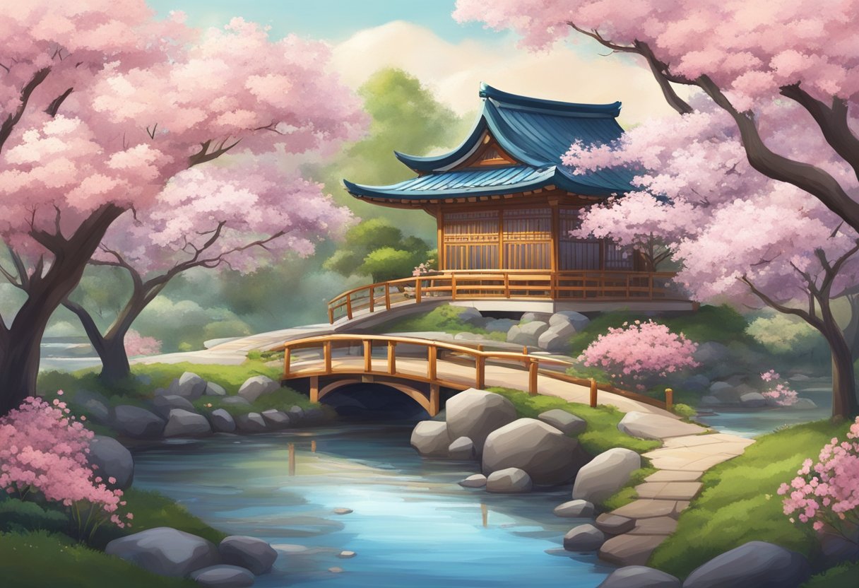 A serene garden with cherry blossoms, a flowing stream, and a traditional tea house nestled among the trees
