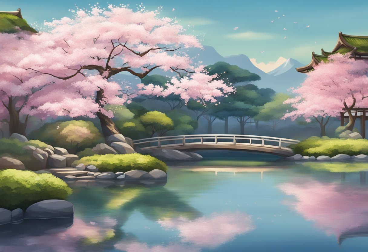 A serene Japanese garden with a cherry blossom tree in bloom, overlooking a tranquil pond reflecting the surrounding nature, evoking the essence of beauty and tranquility in Japanese philosophy