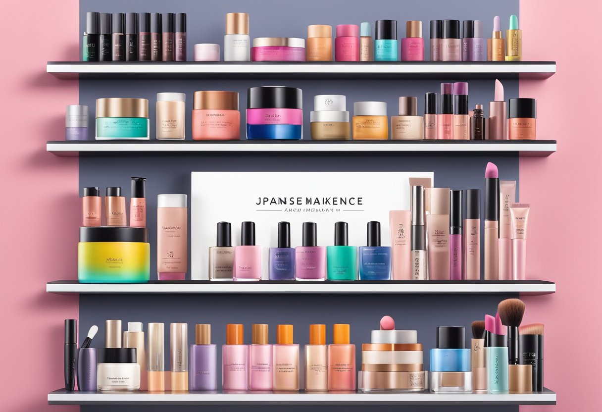 A colorful display of top Japanese makeup brands arranged on a sleek, modern shelf. Brightly labeled products stand out against a clean, minimalist backdrop